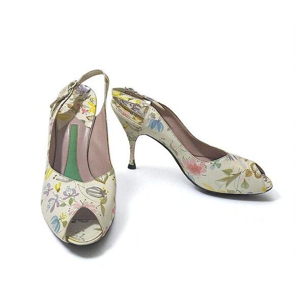 Vintage French Bootery 1950s Floral Leather Peep Toe Slingback Heels –Size 8.5B - Picture 3 of 15
